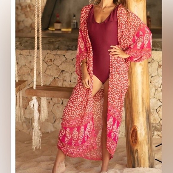 Kimono Duster Red Pink Floral Semi Sheer Open Front Flowy Chiffon Women One Size - Picture 2 of 13